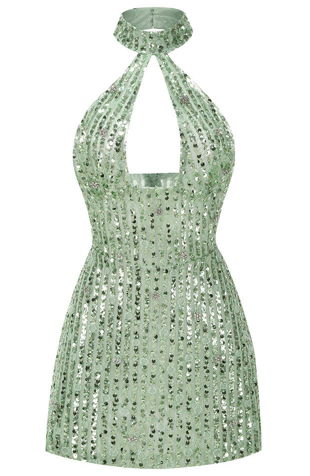 Halter Crystal Sequin Dress Green - Luxe Sequin Dresses and Luxe Party Dresses